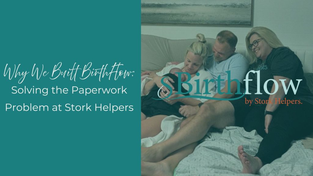 doula sitting on bed with couple holding newborn baby after a homebirth