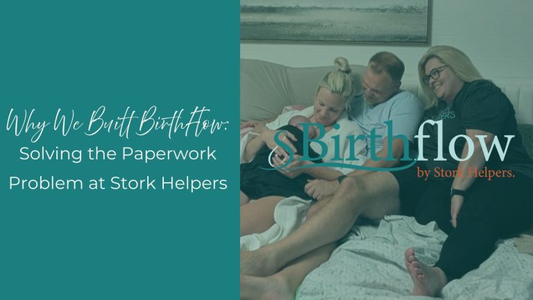 doula sitting on bed with couple holding newborn baby after a homebirth