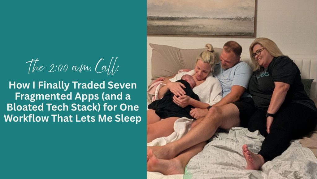 doula sitting on bed with couple after birthing newborn daughter