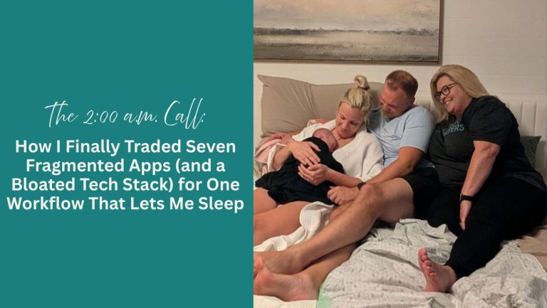 doula sitting on bed with couple after birthing newborn daughter