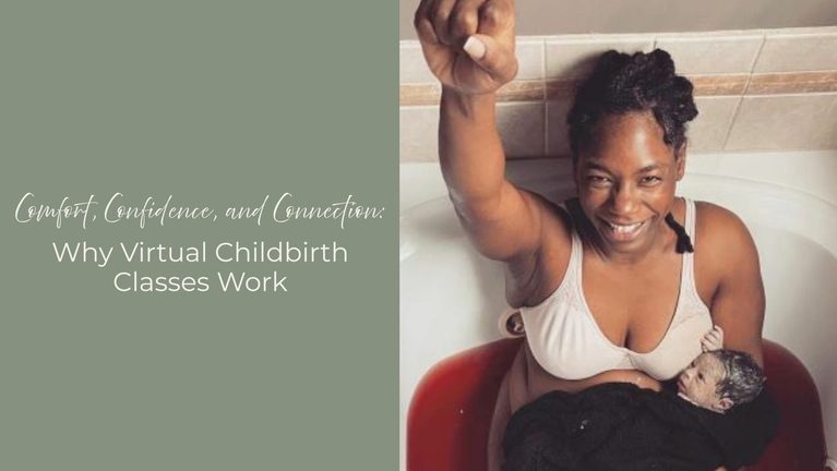 woman smiling holding newborn baby in tub