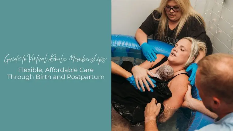 woman in birth tub with newborn baby alongside husband and doula
