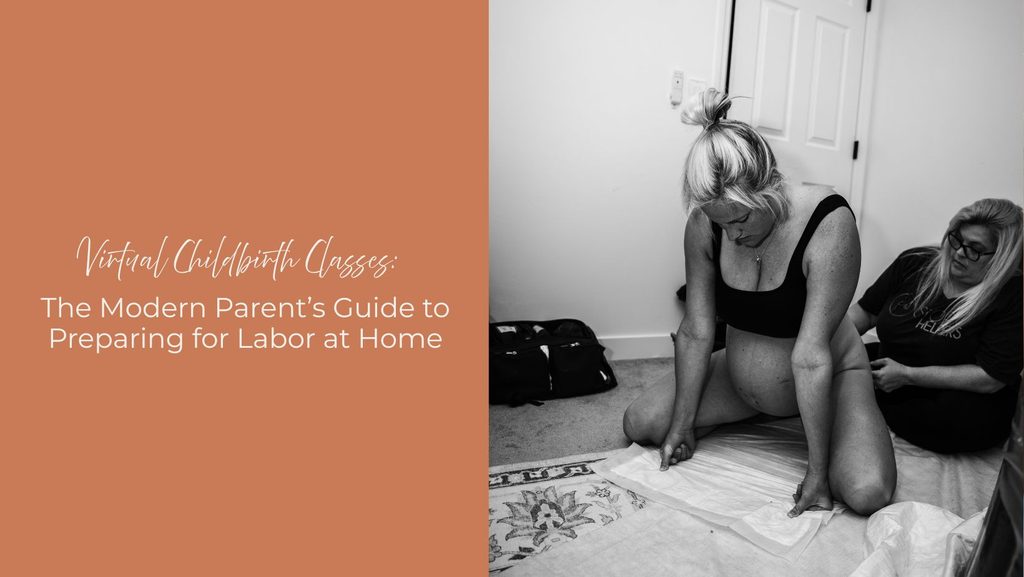 woman laboring at home on the floor with doula behind her