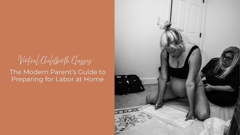 woman laboring at home on the floor with doula behind her